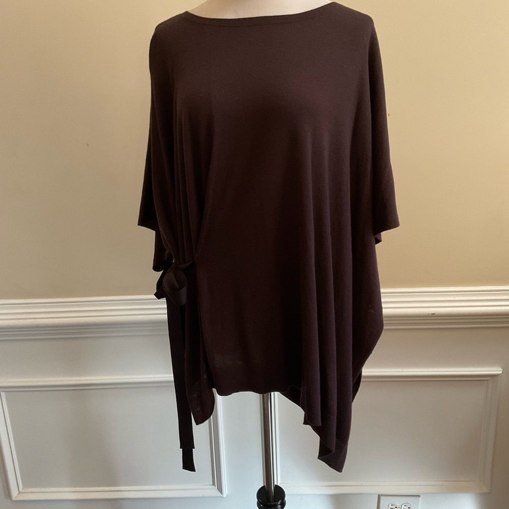 W By Worth Brown Wool Blend M/L Round Neckline Side Tie Poncho Pullover Sweater